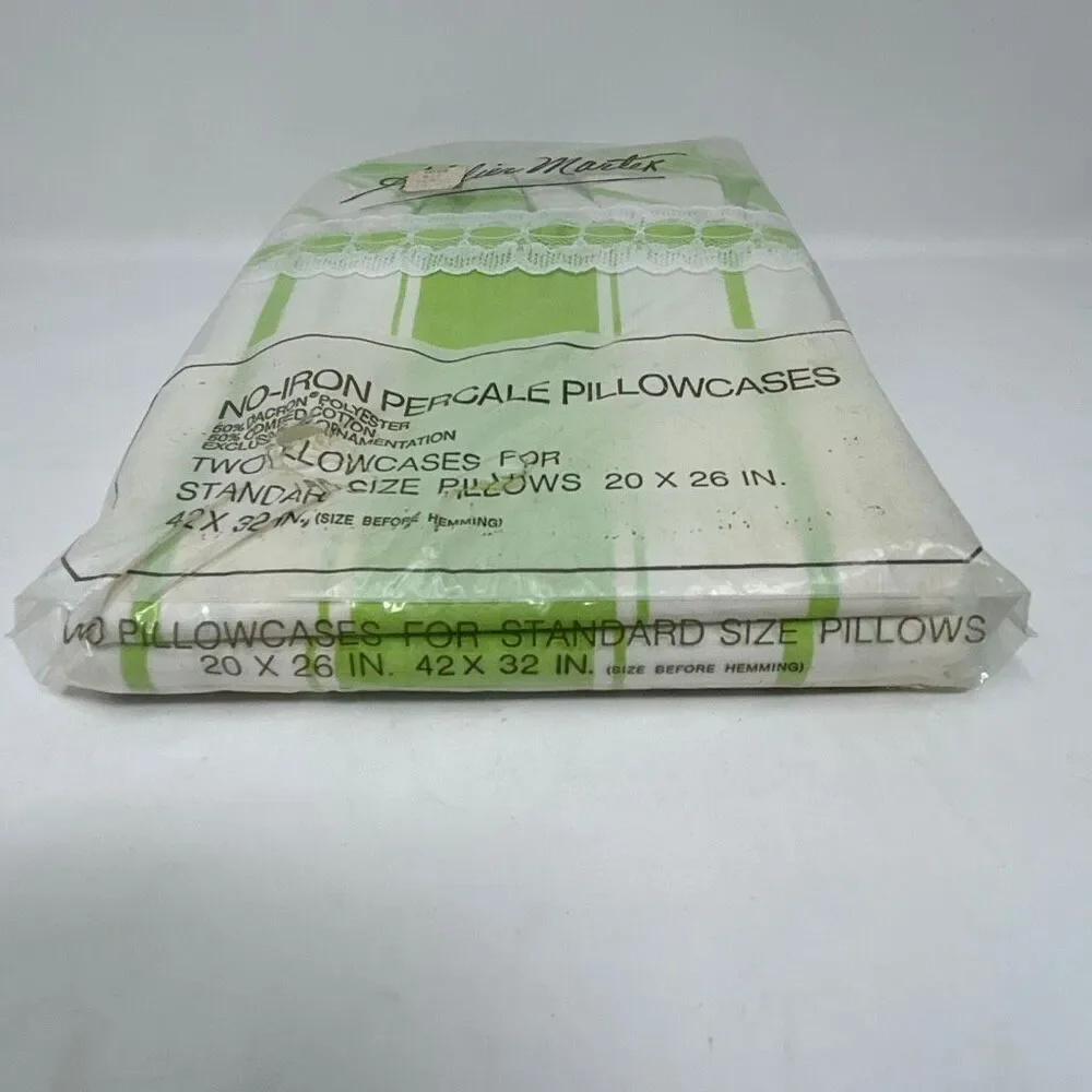 NEW Vtg No-Iron Percale Pilliwcases Set 2 Standard Size Green White Stripe Ruffl